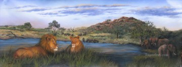 lion and elephant African sunset Oil Paintings
